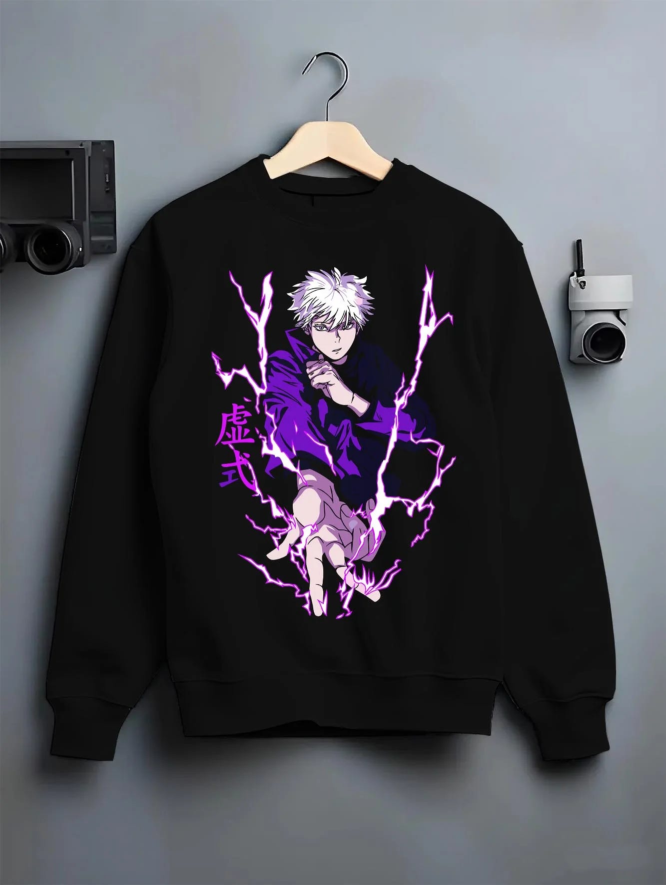 Black crewneck sweatshirt on hanger with Jujutsu Kaisen Hoodie Satoru Gojo Void Domain Jumper graphic premium wear.