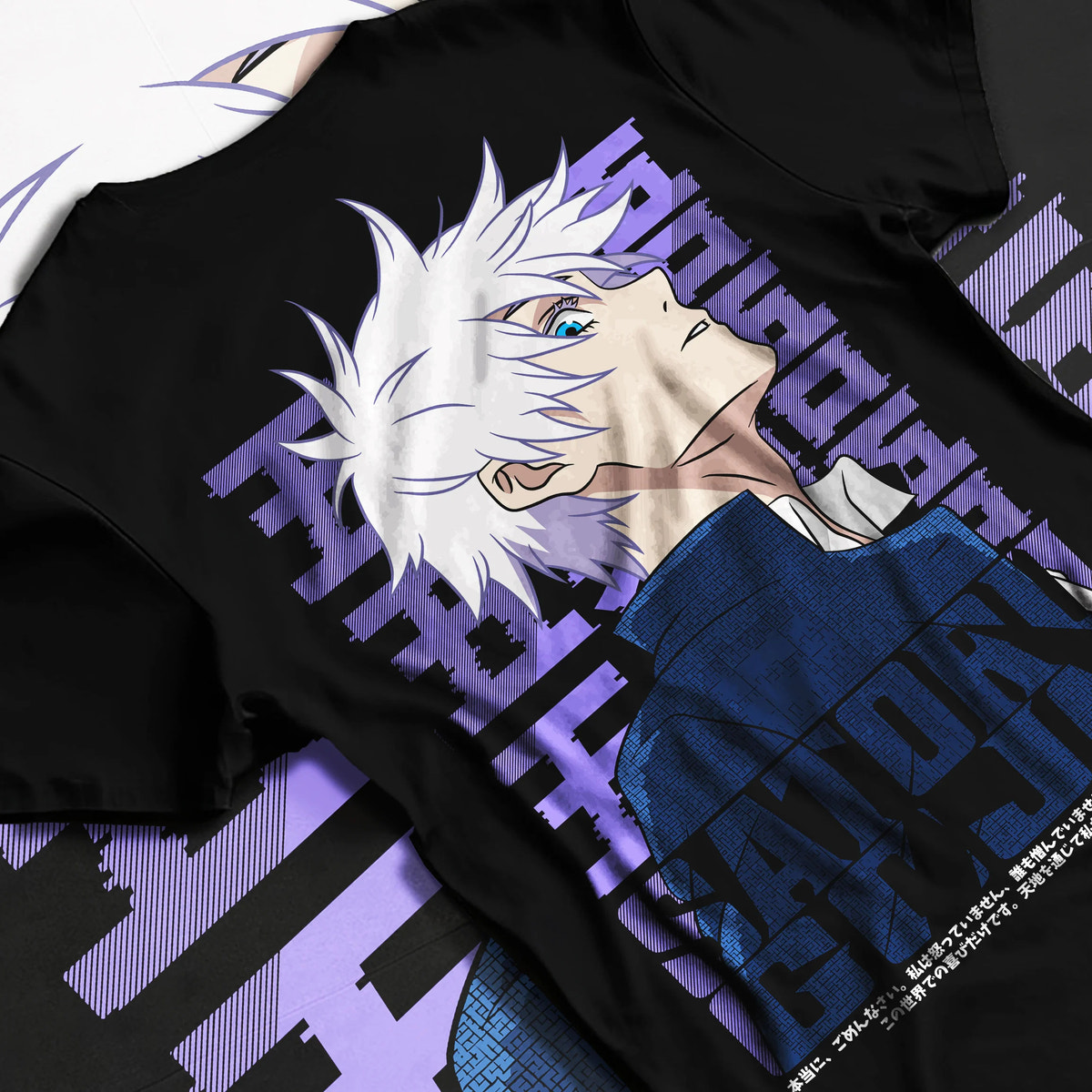 Black T-shirt flat back view showing Satoru Gojo from Jujutsu Kaisen: lavender side-profile poster