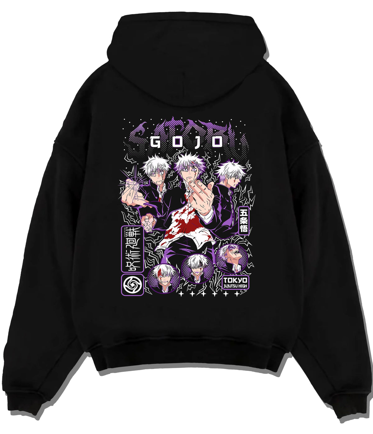 Black hoodie flat back view showing Satoru Gojo from Jujutsu Kaisen: violet multishot character collage