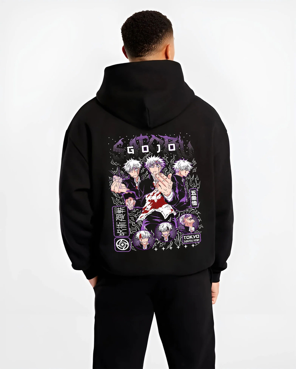 Black hoodie model back view showing Satoru Gojo from Jujutsu Kaisen: violet multishot character collage