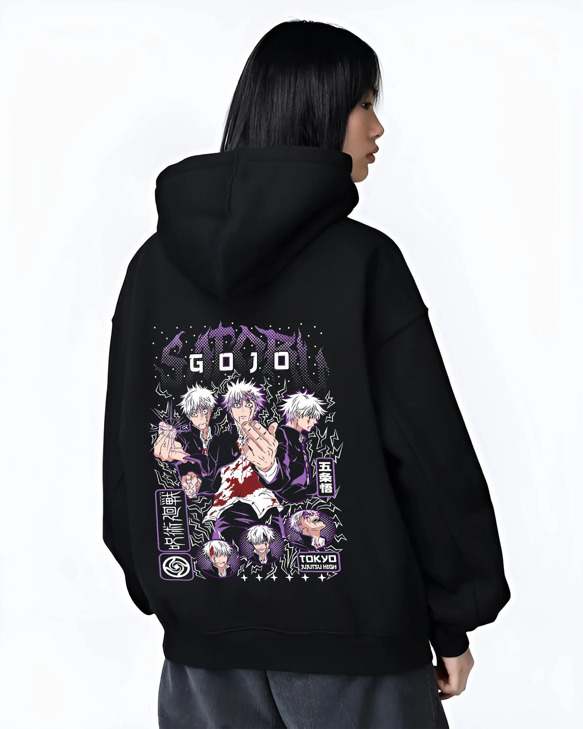 Black hoodie female model back view showing Satoru Gojo from Jujutsu Kaisen: violet multishot character collage