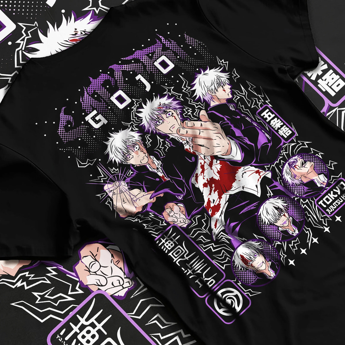 Black T-shirt flat back view showing Satoru Gojo from Jujutsu Kaisen: violet multishot character collage