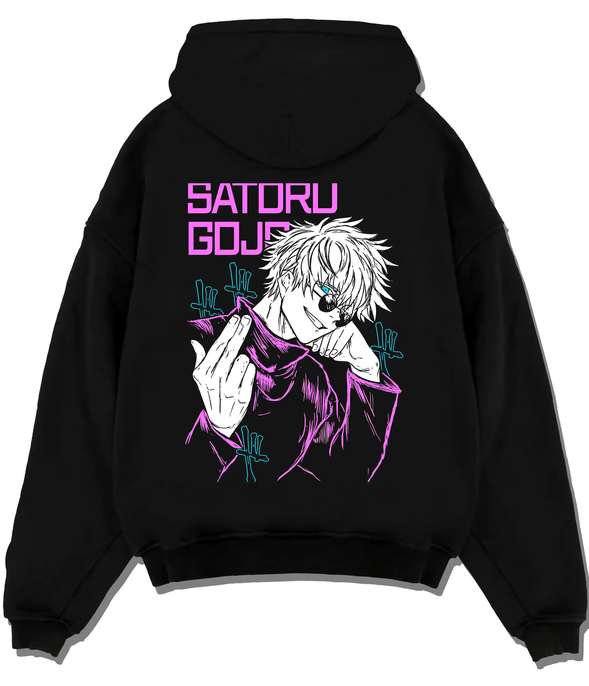 Black hoodie flat back view showing Satoru Gojo from Jujutsu Kaisen: purple line-art Six Eyes portrait