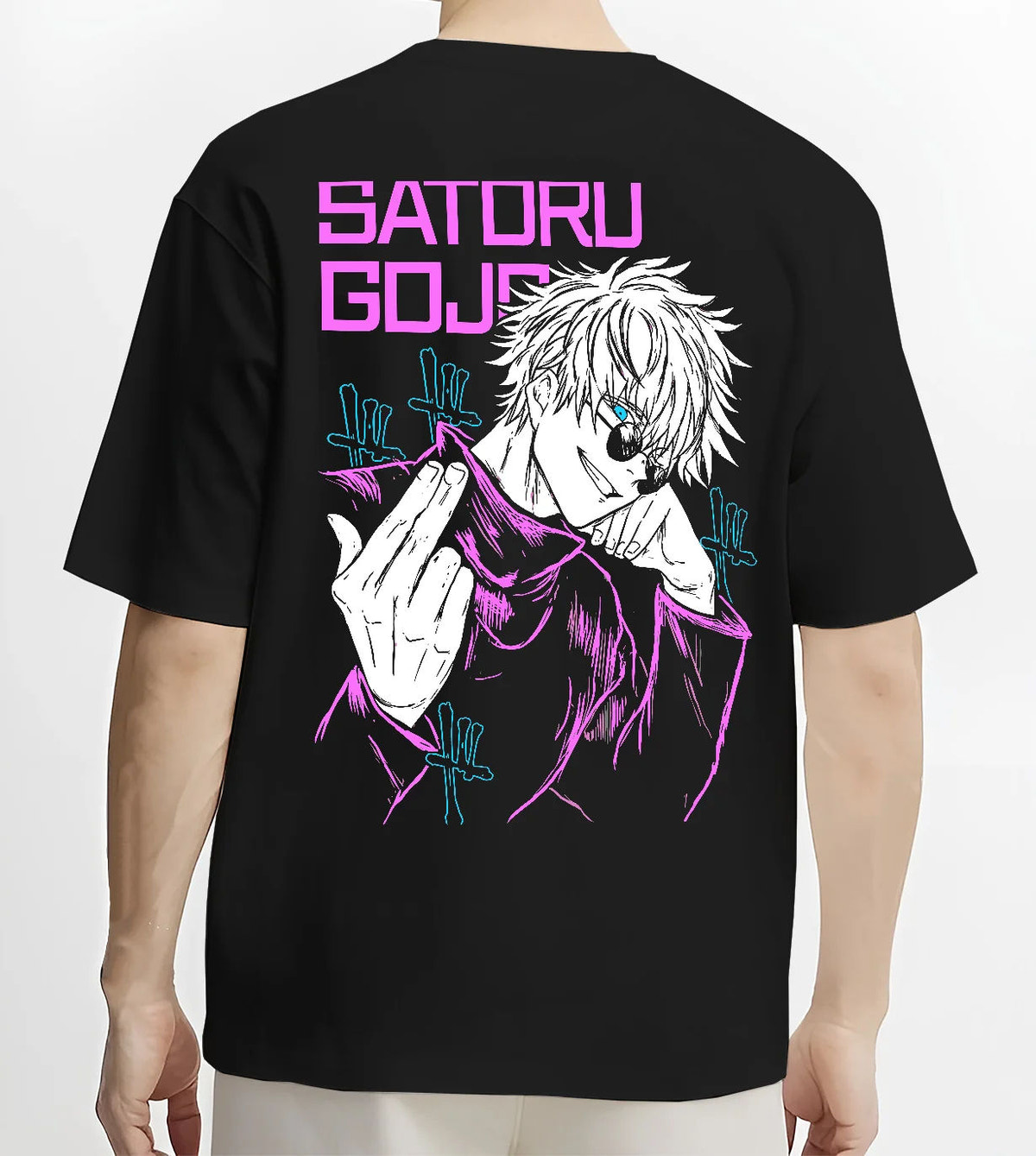 Black T-shirt model back view showing Satoru Gojo from Jujutsu Kaisen: purple line-art Six Eyes portrait