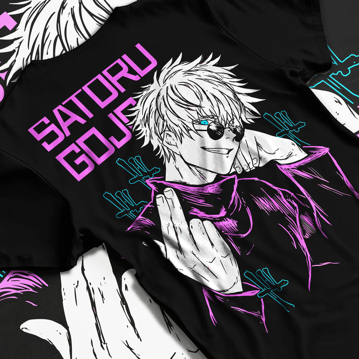 Black T-shirt flat back view showing Satoru Gojo from Jujutsu Kaisen: purple line-art Six Eyes portrait