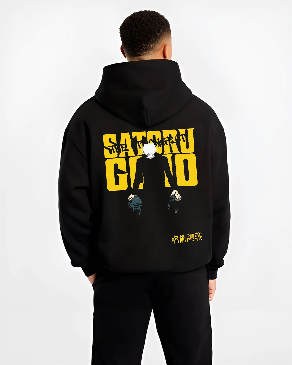 Black hoodie model back view showing Satoru Gojo from Jujutsu Kaisen: black outfit silhouette with satchel