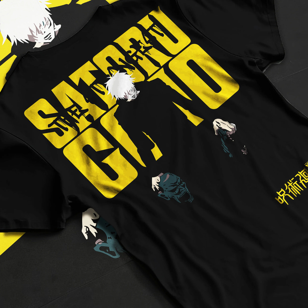 Black T-shirt flat back view showing Satoru Gojo from Jujutsu Kaisen: black outfit silhouette with satchel