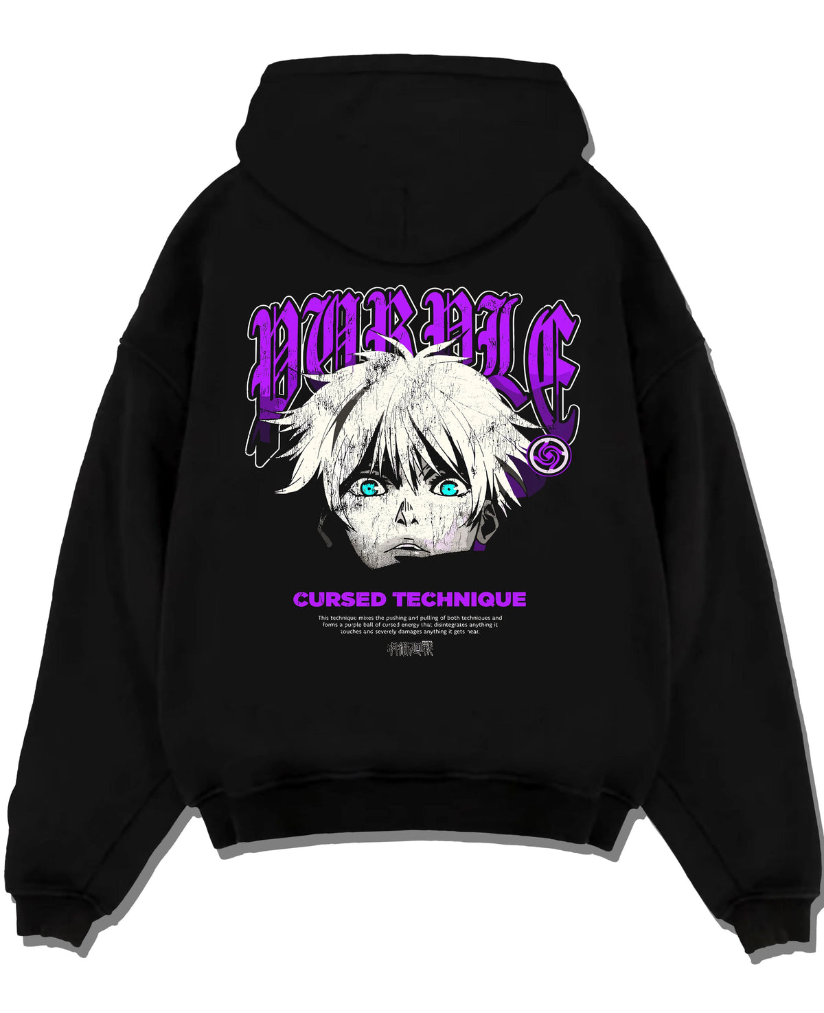 Black hoodie laid flat featuring Gojo Satoru cursed technique eyes artwork.