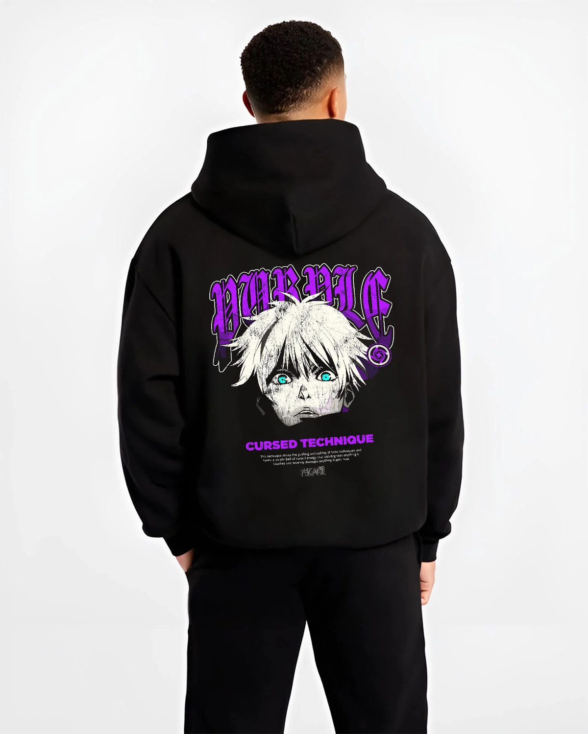 Black hoodie worn by male model from the back featuring Gojo Satoru cursed technique eyes artwork.