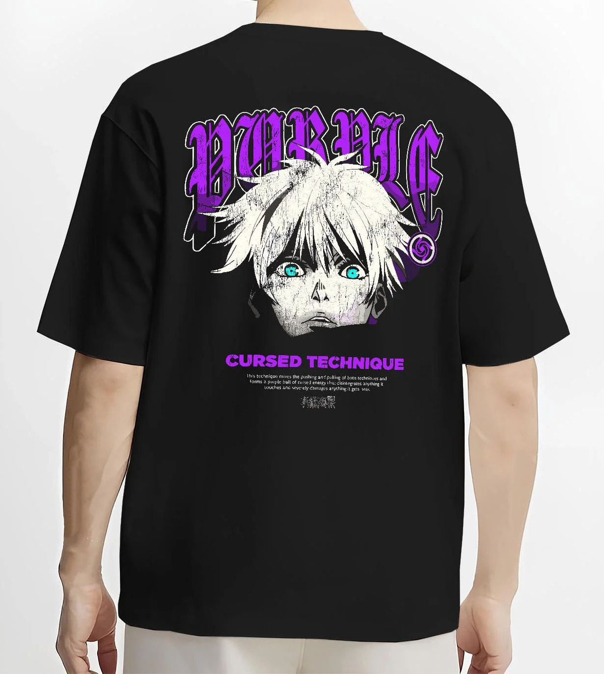 Black T-shirt worn by male model from the back featuring Gojo Satoru cursed technique eyes artwork.