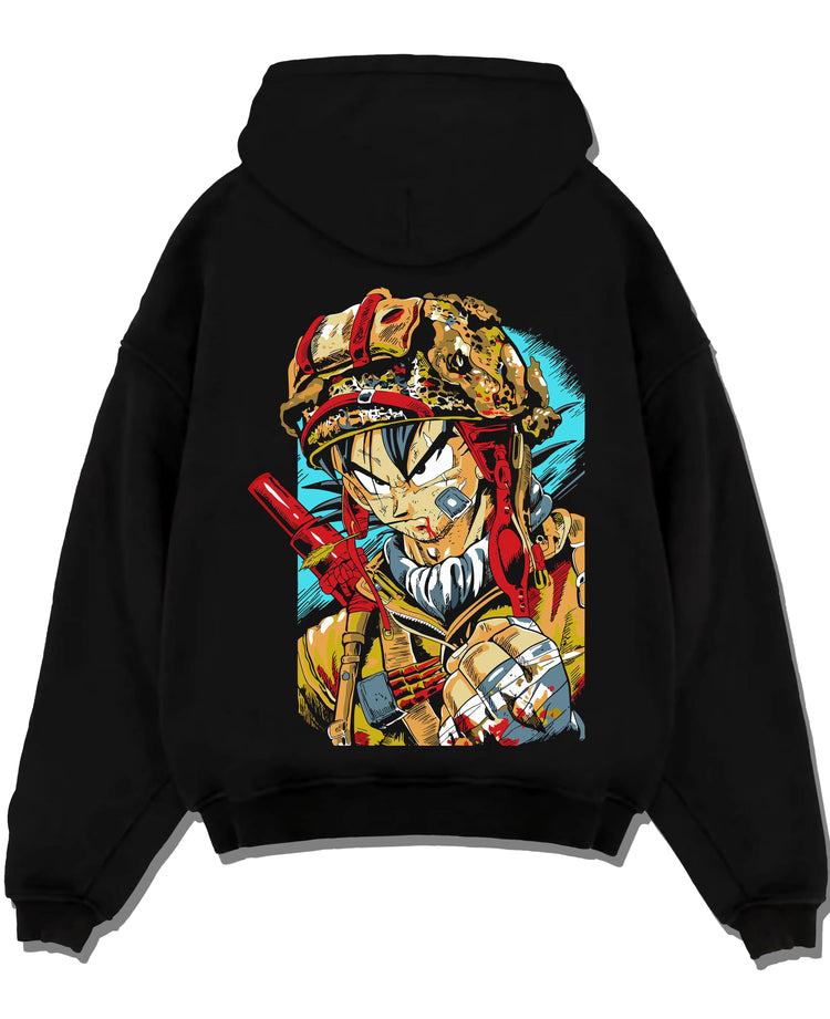 Black pullover hoodie laid flat with Dragon Ball Z Hoodie Goku Army Battle Jumper graphic Goku themed artwork.