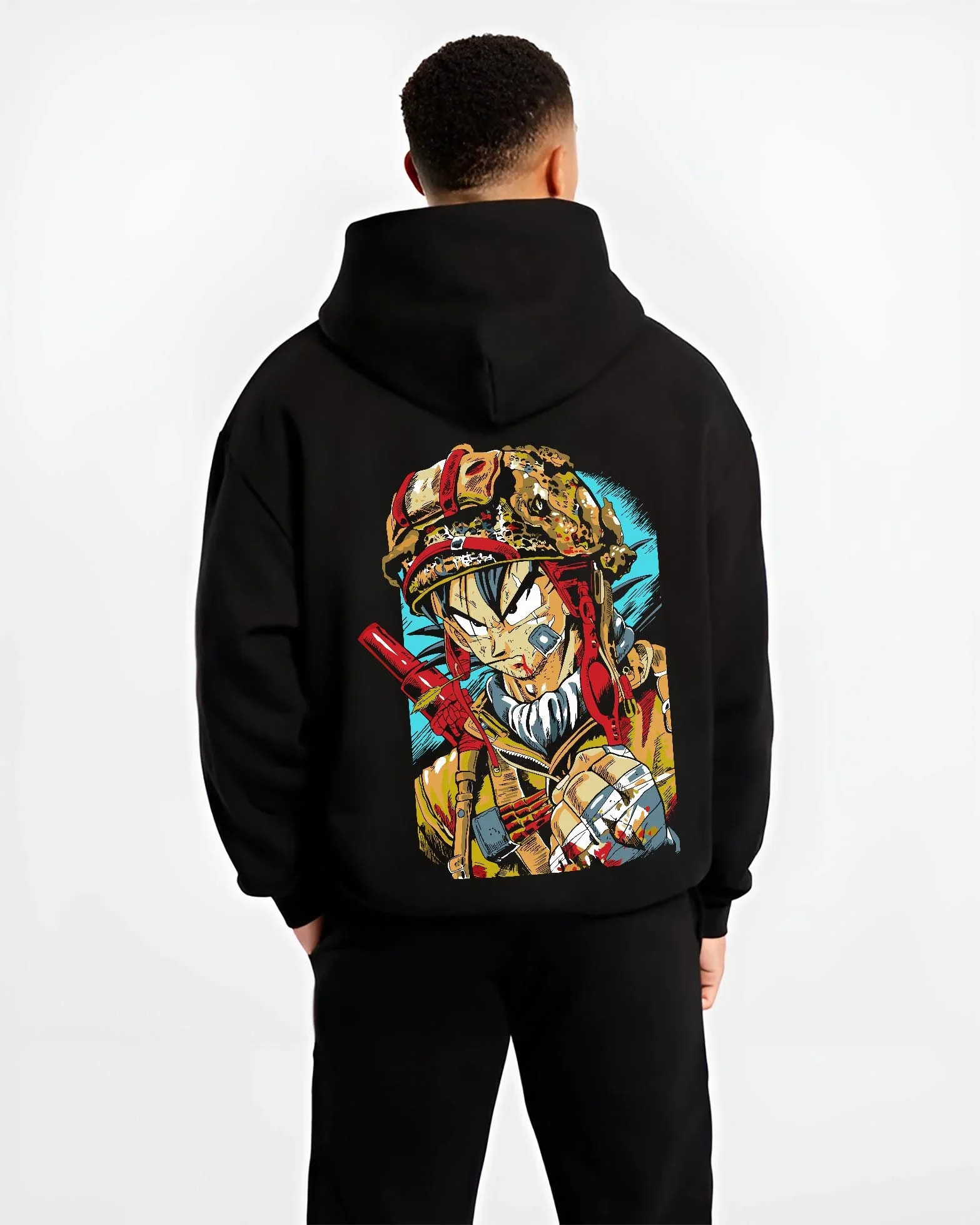 Black hoodie worn by male model, back view with Dragon Ball Z Hoodie Goku Army Battle Jumper graphic Goku anime design.