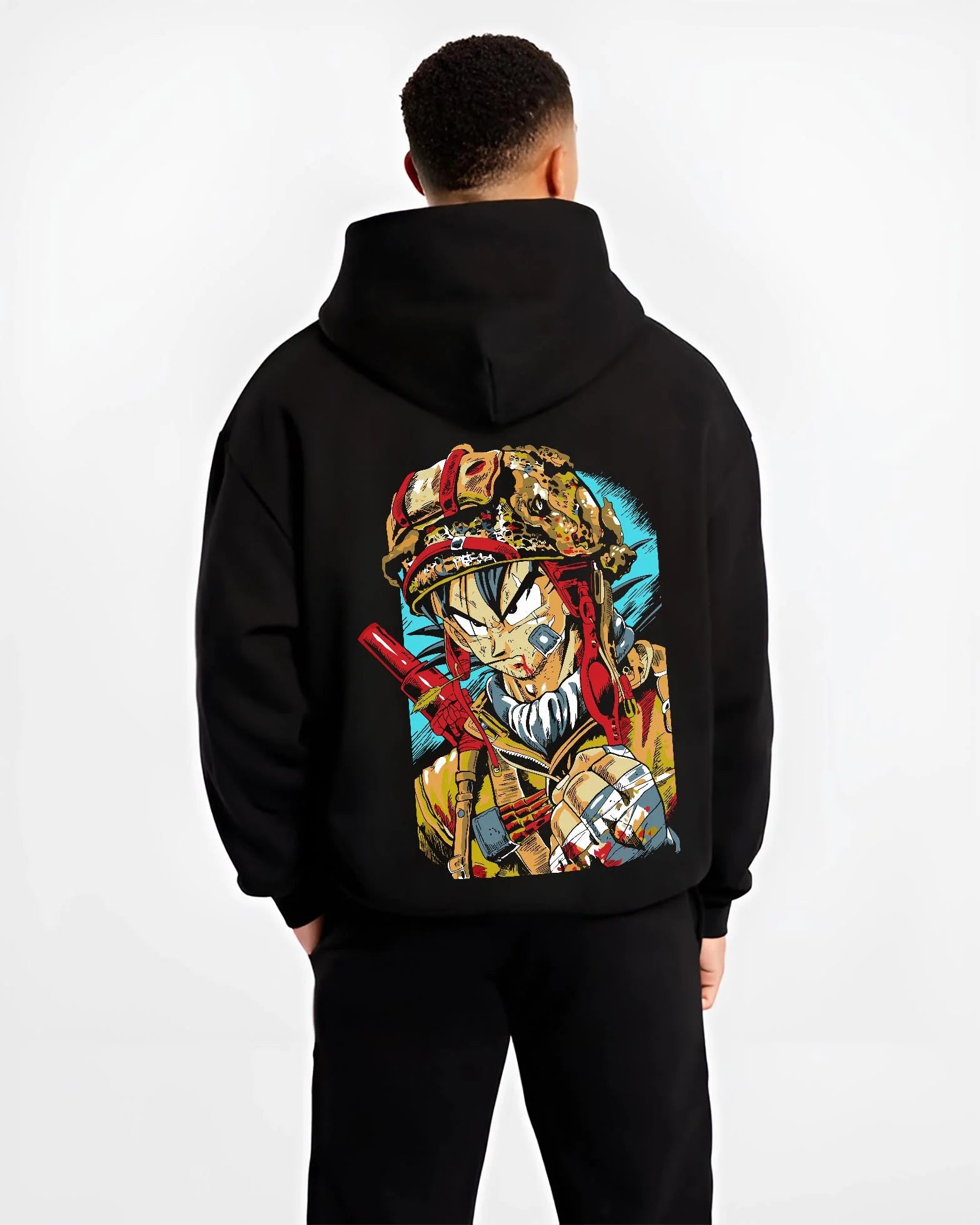 Black hoodie worn by male model, back view with Dragon Ball Z Hoodie Goku Army Battle Jumper graphic Goku anime design.