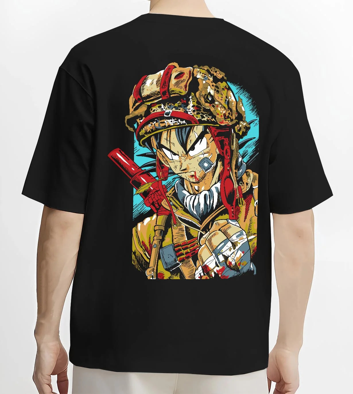 Black T-shirt worn by male model, back view with Dragon Ball Z Hoodie Goku Army Battle Jumper graphic Goku themed artwork.