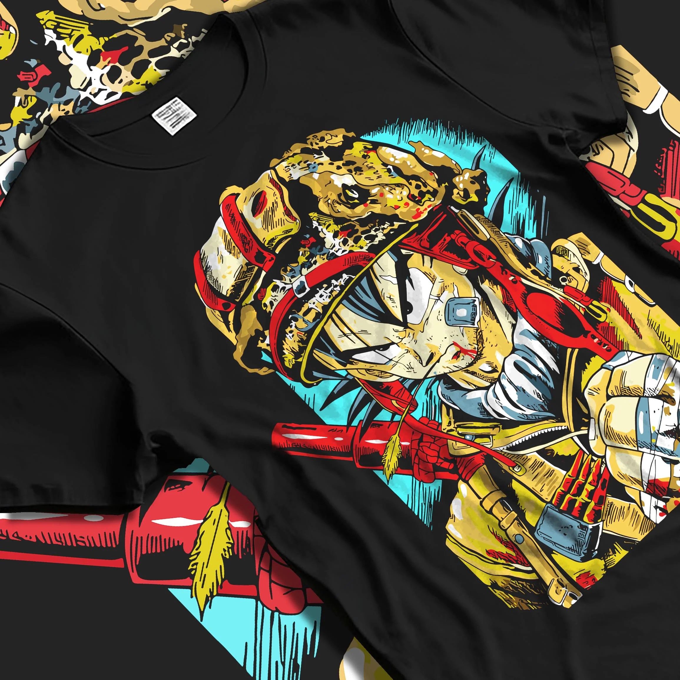 Black T-shirt laid flat with natural folds with Dragon Ball Z Hoodie Goku Army Battle Jumper graphic Goku anime design.