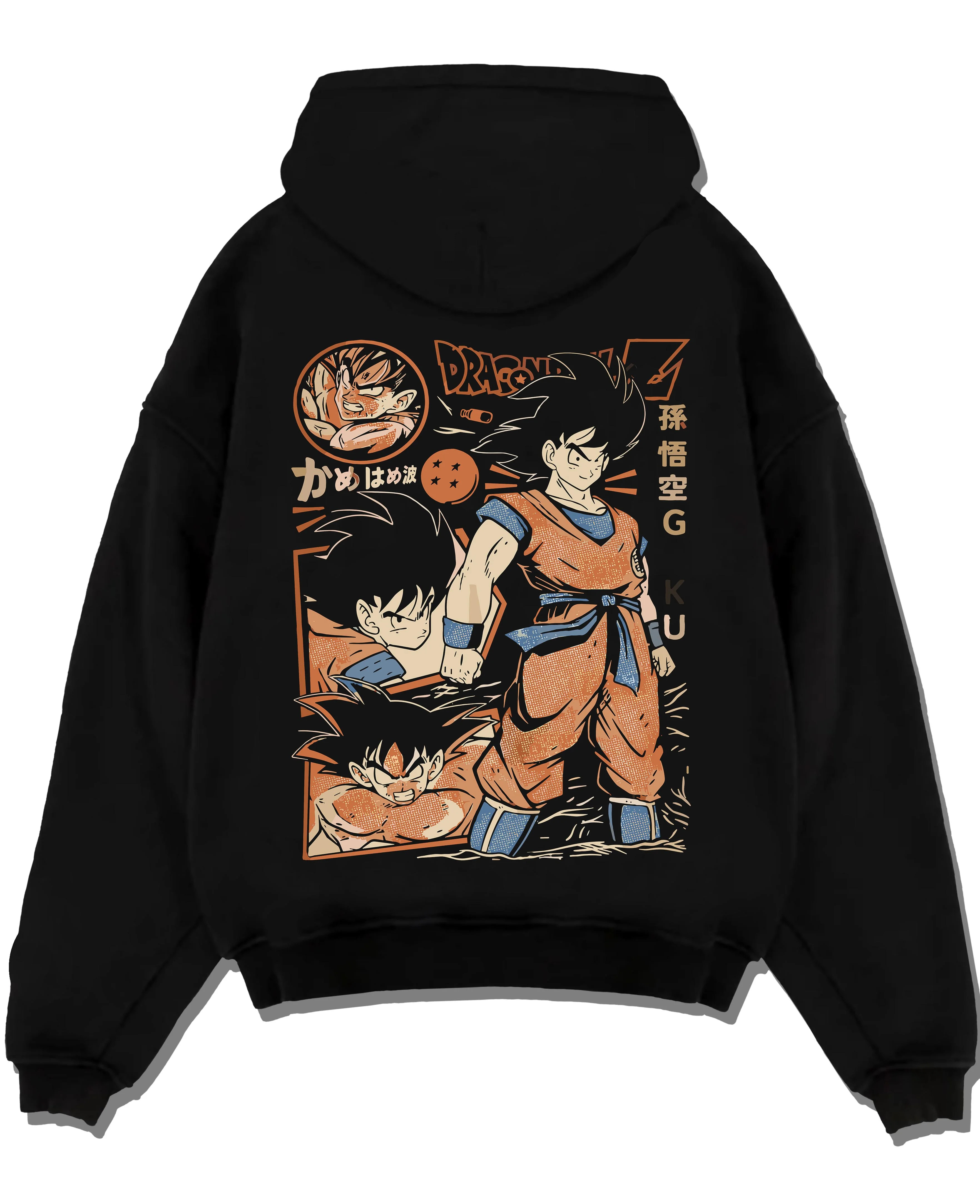 Black pullover hoodie laid flat with Goku Hoodie Dragon Ball Z Bardock Family Legacy graphic bold anime graphic.