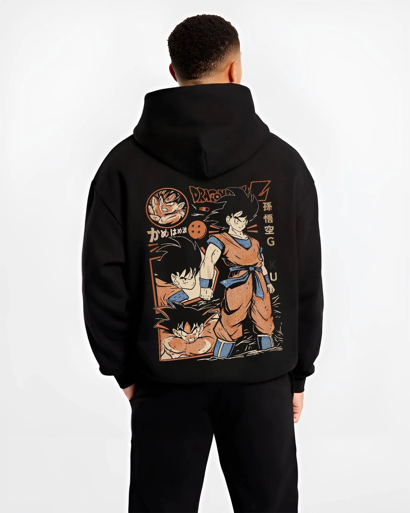 Black hoodie worn by male model, back view with Goku Hoodie Dragon Ball Z Bardock Family Legacy graphic streetwear graphic.