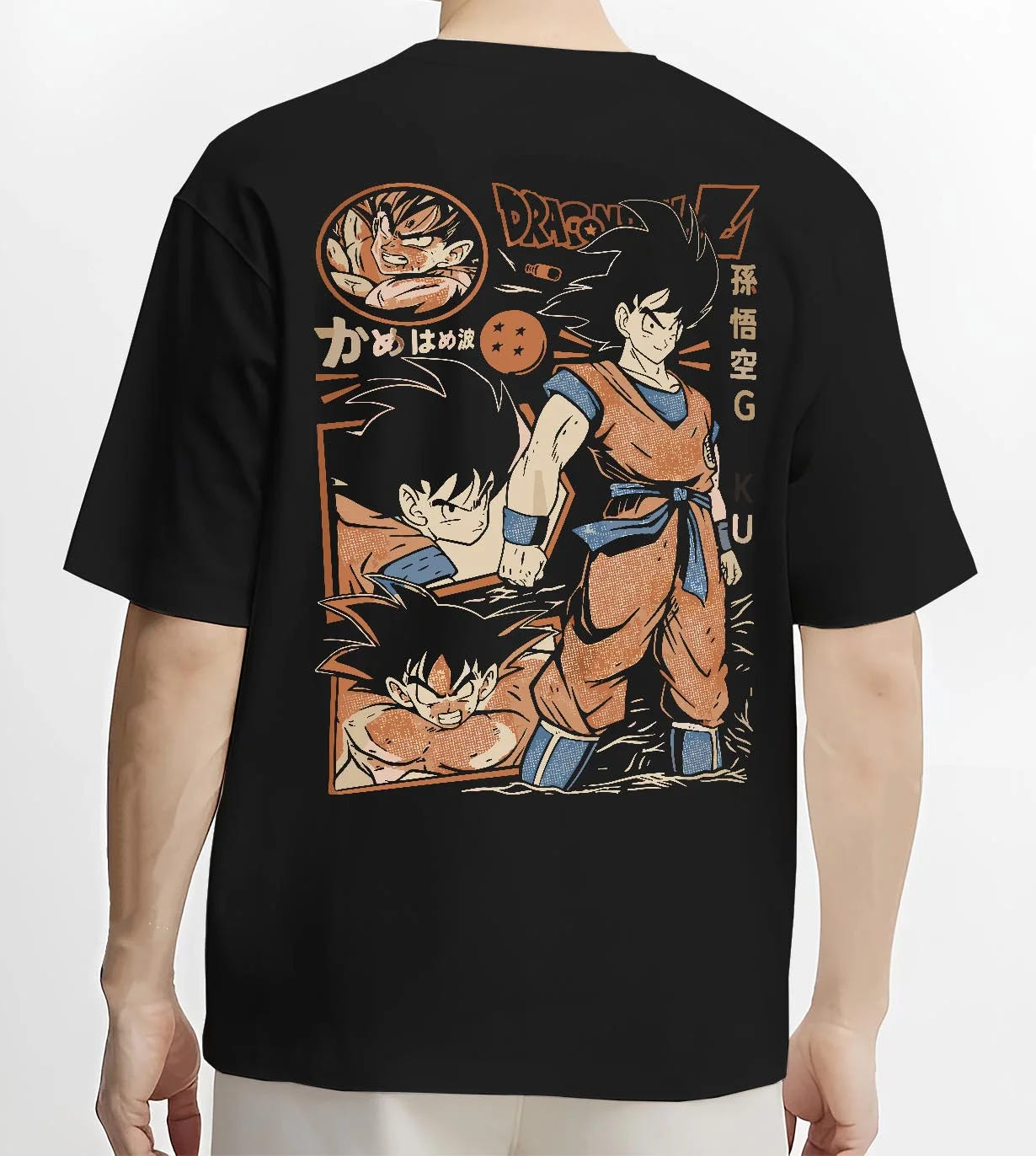 Black T-shirt worn by male model, back view with Goku Hoodie Dragon Ball Z Bardock Family Legacy graphic streetwear graphic.