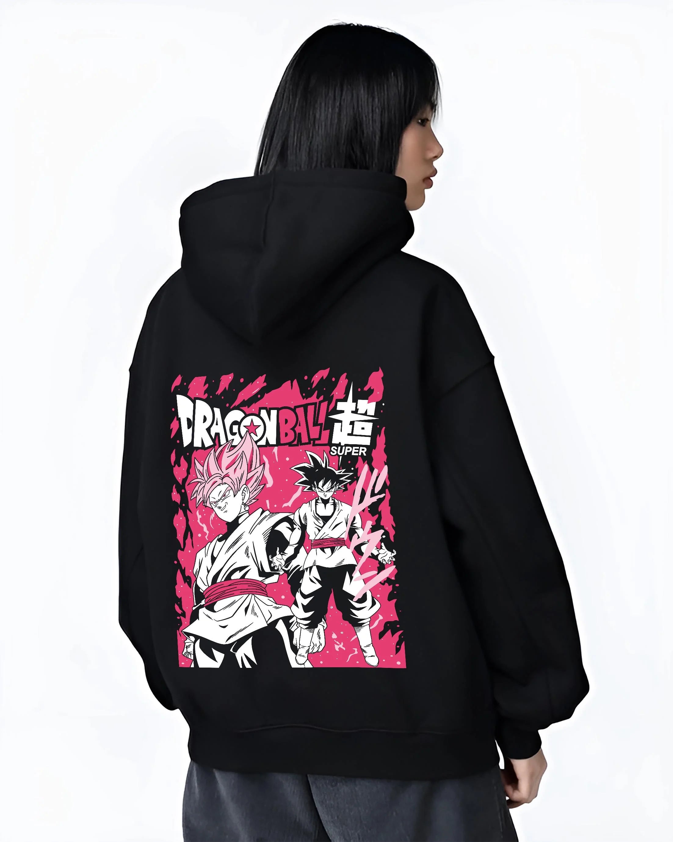 Black hoodie worn by female model, back view with Dragon Ball Z Hoodie Goku Black vs Zamasu Jumper graphic streetwear graphic.