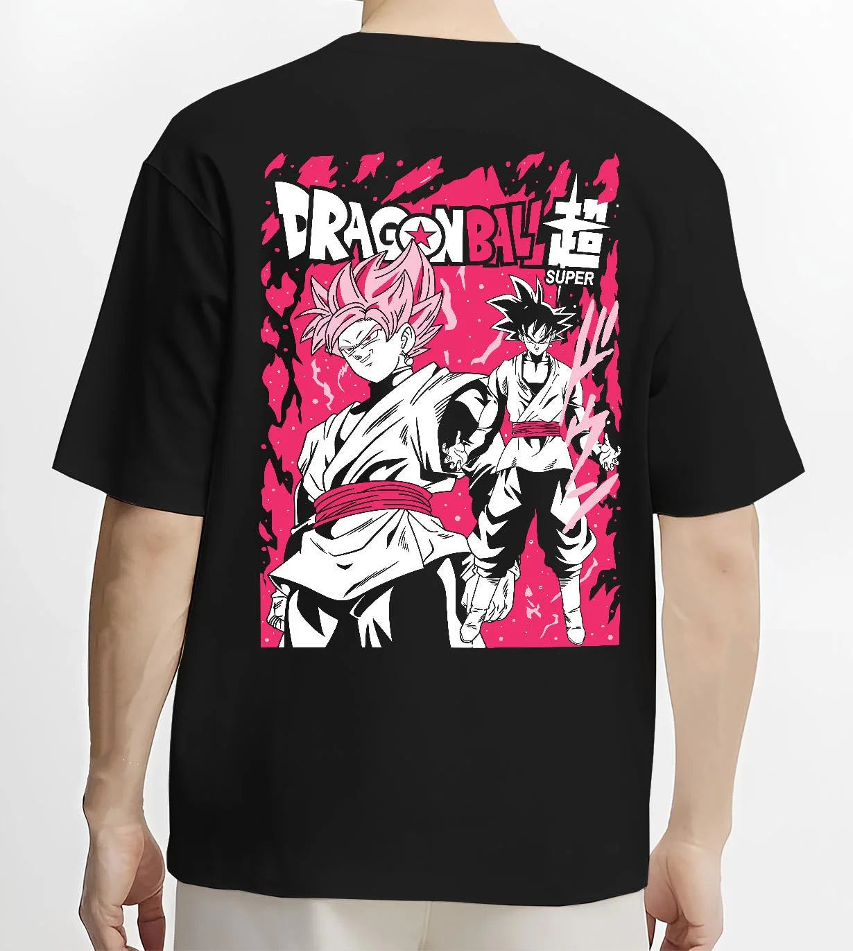 Black T-shirt worn by male model, back view with Dragon Ball Z Hoodie Goku Black vs Zamasu Jumper graphic bold anime graphic.