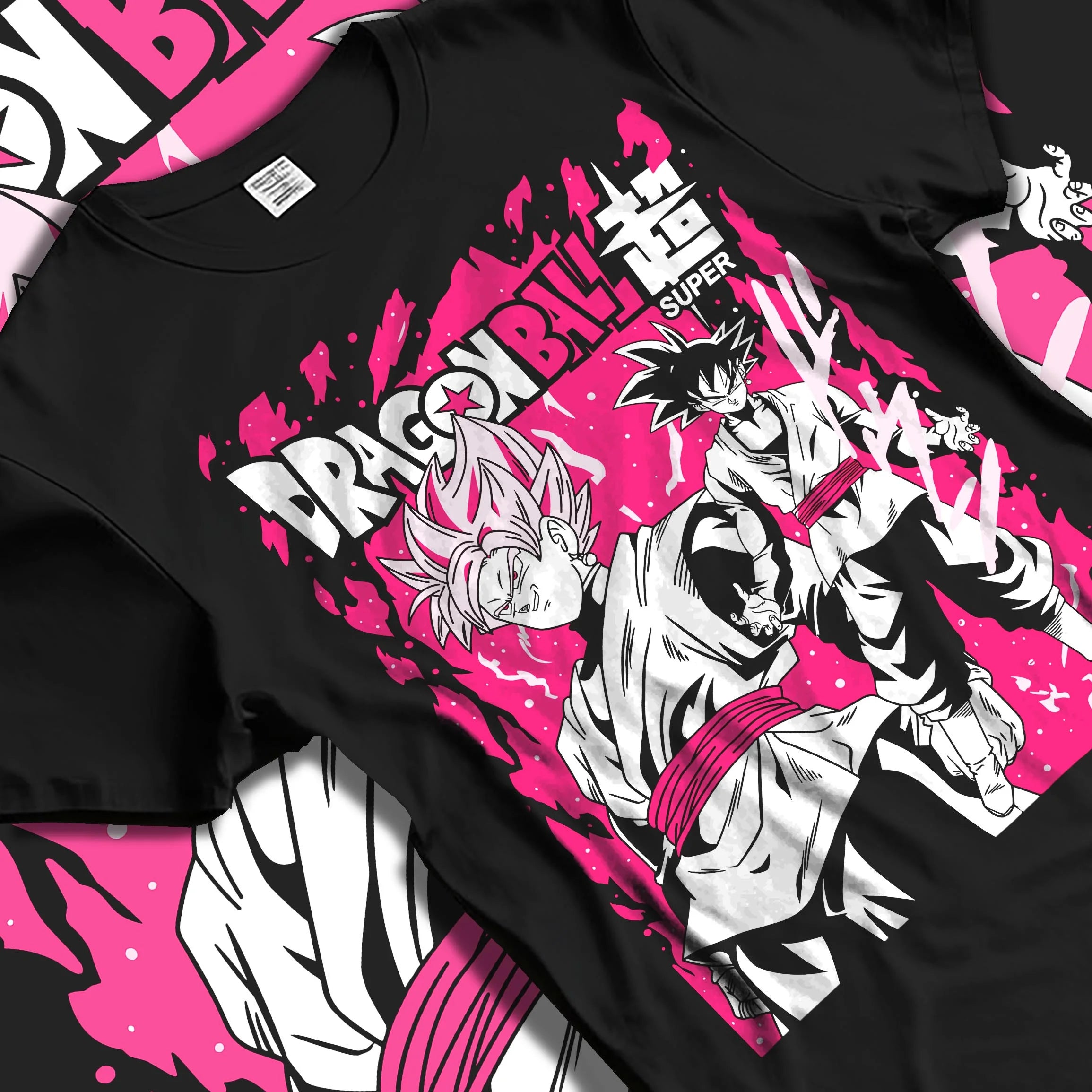 Black T-shirt laid flat with natural folds with Dragon Ball Z Hoodie Goku Black vs Zamasu Jumper graphic streetwear graphic.