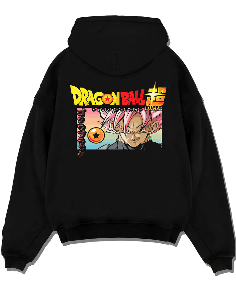 Black pullover hoodie laid flat with Dragon Ball Z Hoodie Goku Black Form Power Jumper graphic premium wear.