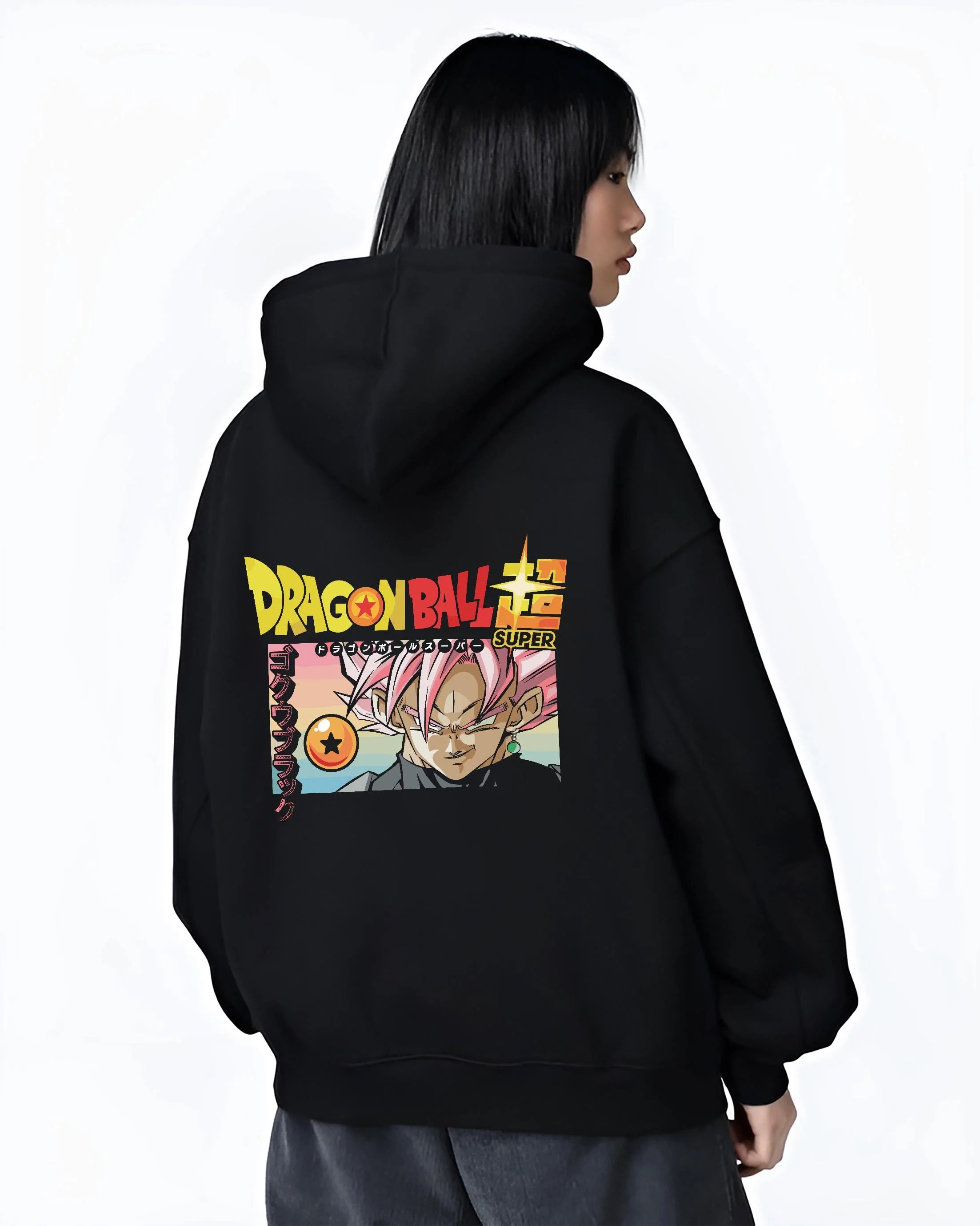 Black hoodie worn by female model, back view with Dragon Ball Z Hoodie Goku Black Form Power Jumper graphic streetwear graphic.
