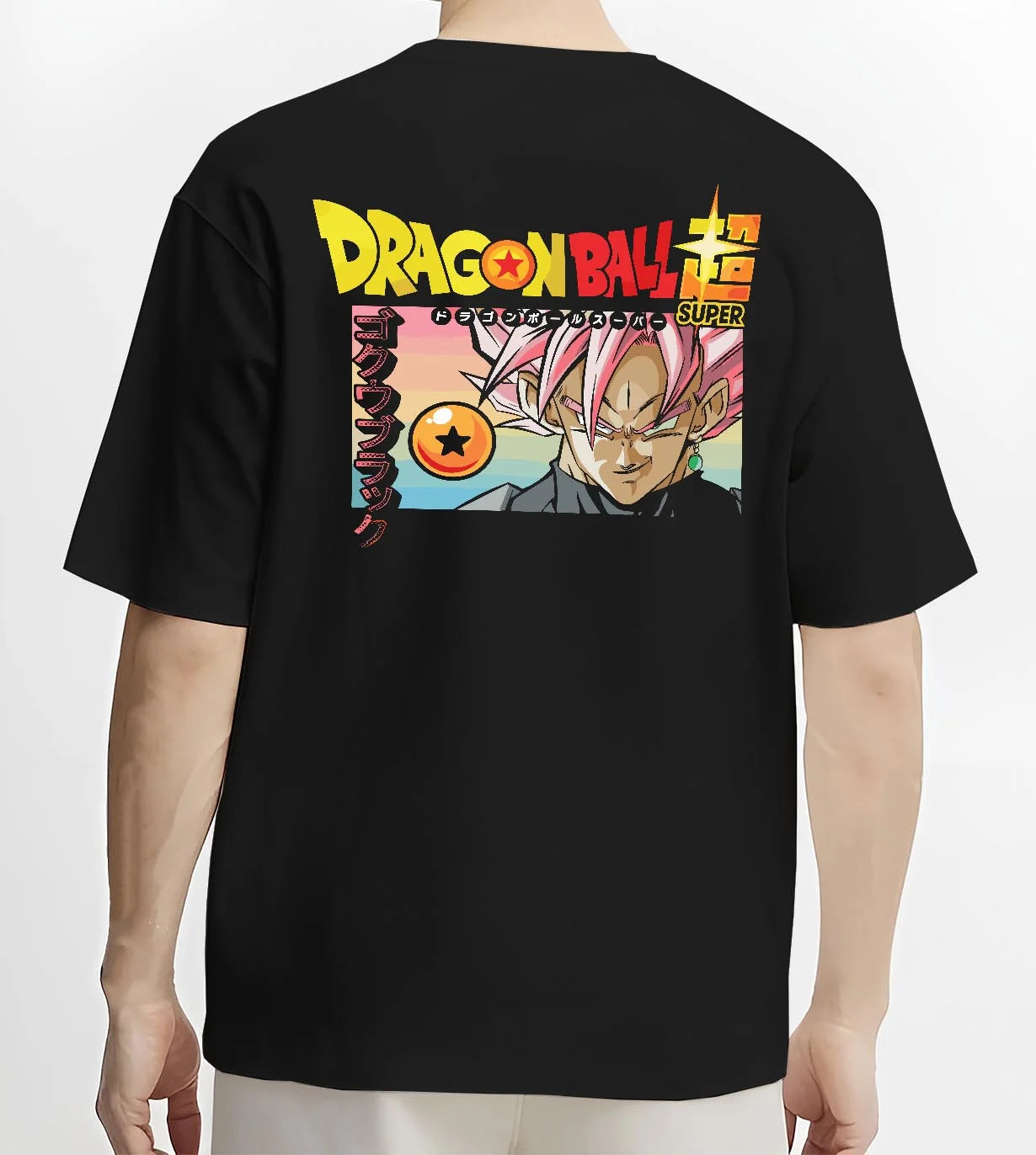 Black T-shirt worn by male model, back view with Dragon Ball Z Hoodie Goku Black Form Power Jumper graphic premium wear.