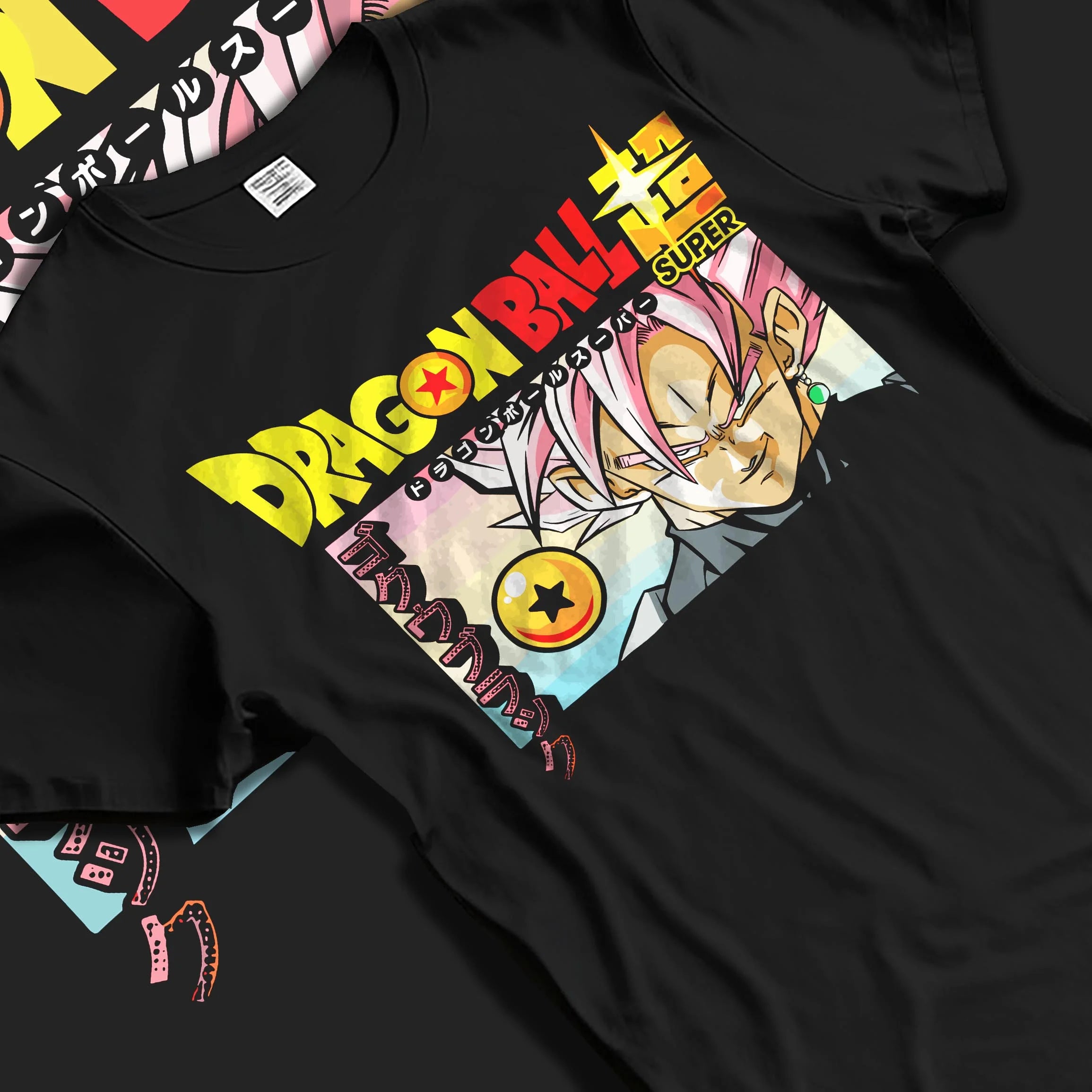 Black T-shirt laid flat with natural folds with Dragon Ball Z Hoodie Goku Black Form Power Jumper graphic streetwear graphic.