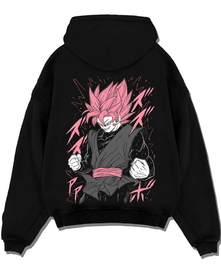 Black pullover hoodie laid flat with Dragon Ball Z Hoodie Goku Black Rage Jumper graphic bold anime graphic.