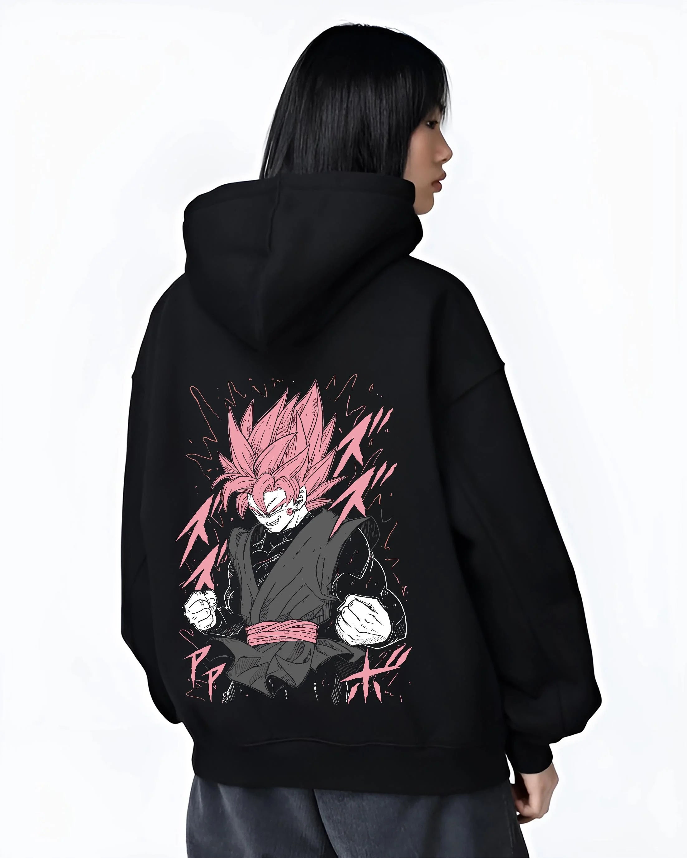 Black hoodie worn by female model, back view with Dragon Ball Z Hoodie Goku Black Rage Jumper graphic premium wear.