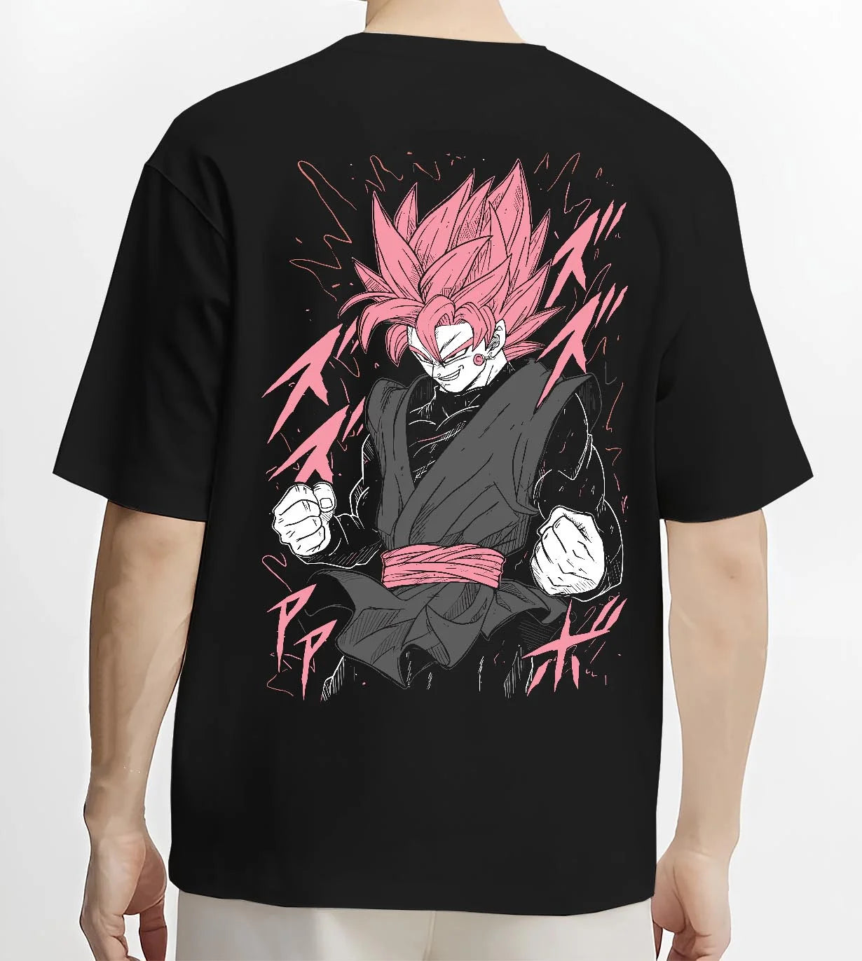 Black T-shirt worn by male model, back view with Dragon Ball Z Hoodie Goku Black Rage Jumper graphic streetwear graphic.