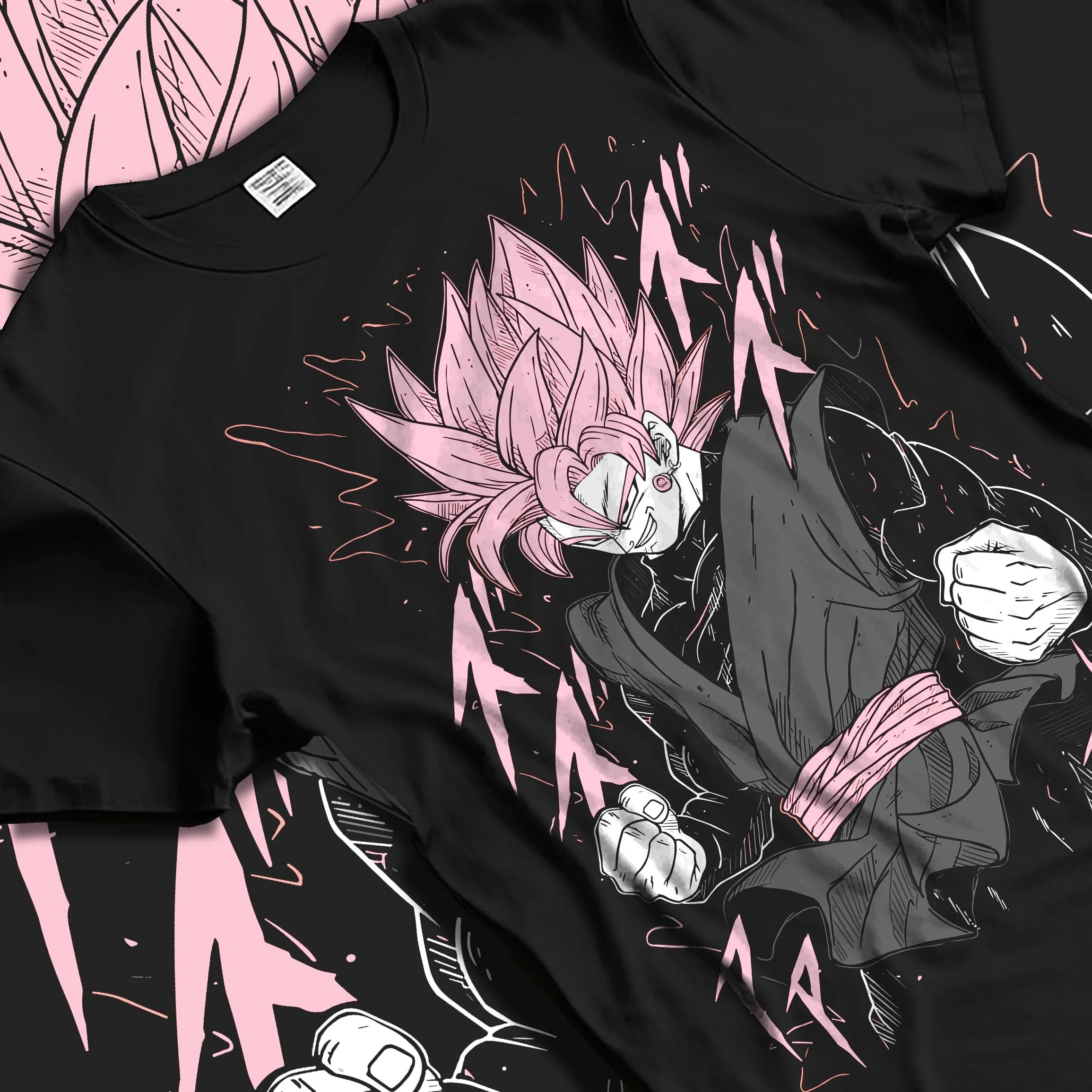 Black T-shirt laid flat with natural folds with Dragon Ball Z Hoodie Goku Black Rage Jumper graphic premium wear.