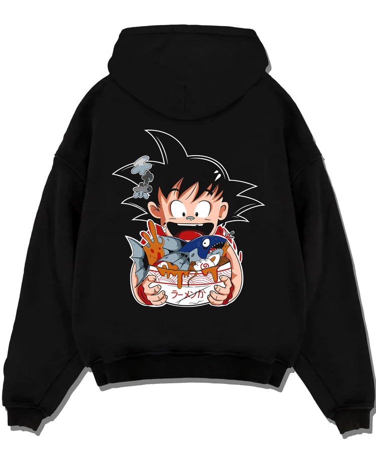 Black pullover hoodie laid flat with Dragon Ball Z Hoodie Kid Goku Classic Jumper graphic streetwear graphic.