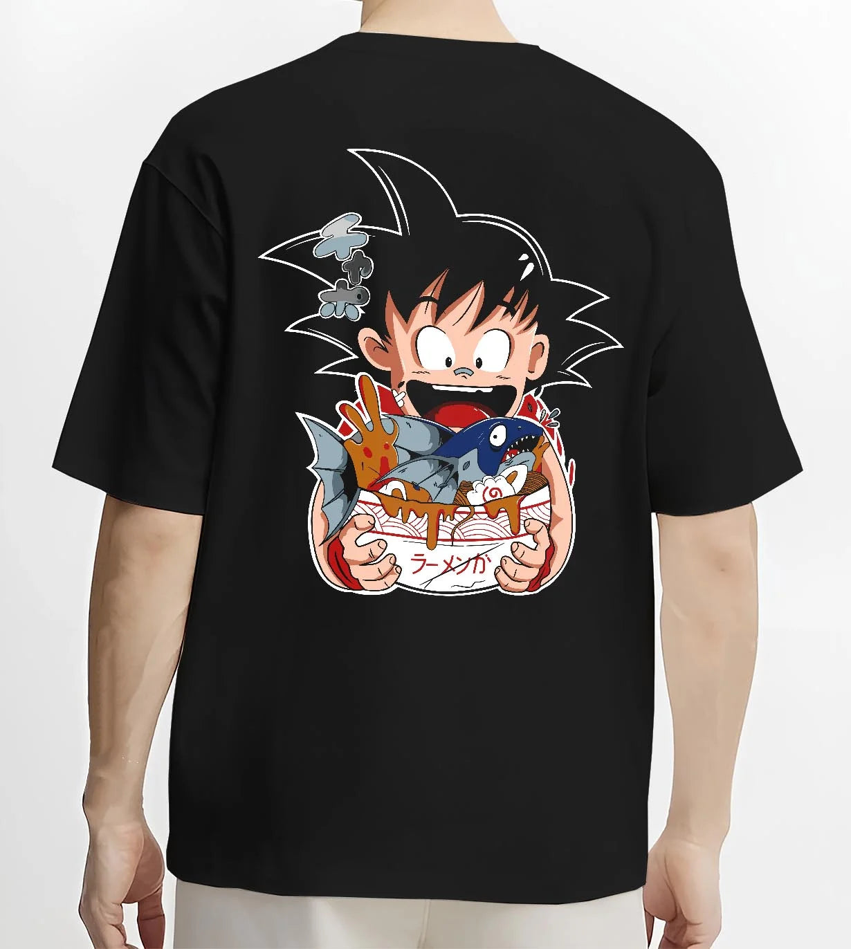Black T-shirt worn by male model, back view with Dragon Ball Z Hoodie Kid Goku Classic Jumper graphic streetwear graphic.