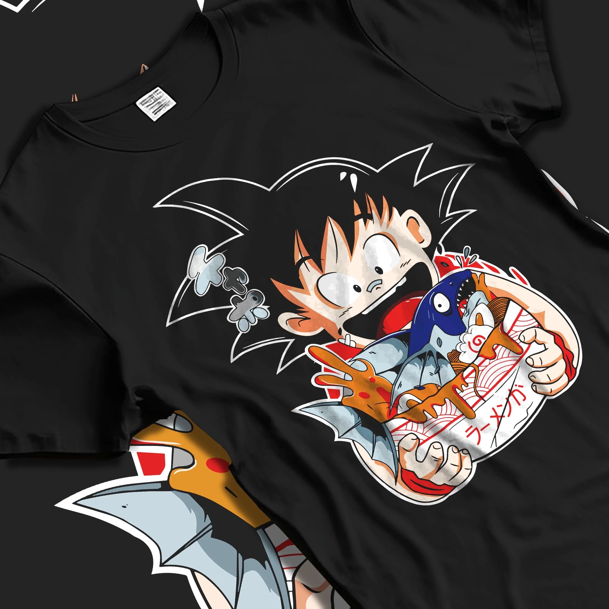 Black T-shirt laid flat with natural folds with Dragon Ball Z Hoodie Kid Goku Classic Jumper graphic bold anime graphic.