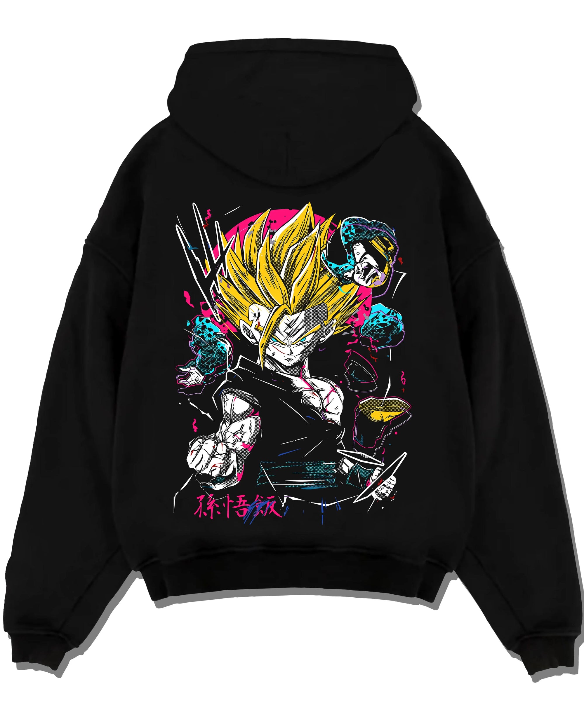 Black pullover hoodie laid flat with Goku Hoodie Dragon Ball Z Super Saiyan Charge Up graphic Goku anime design.