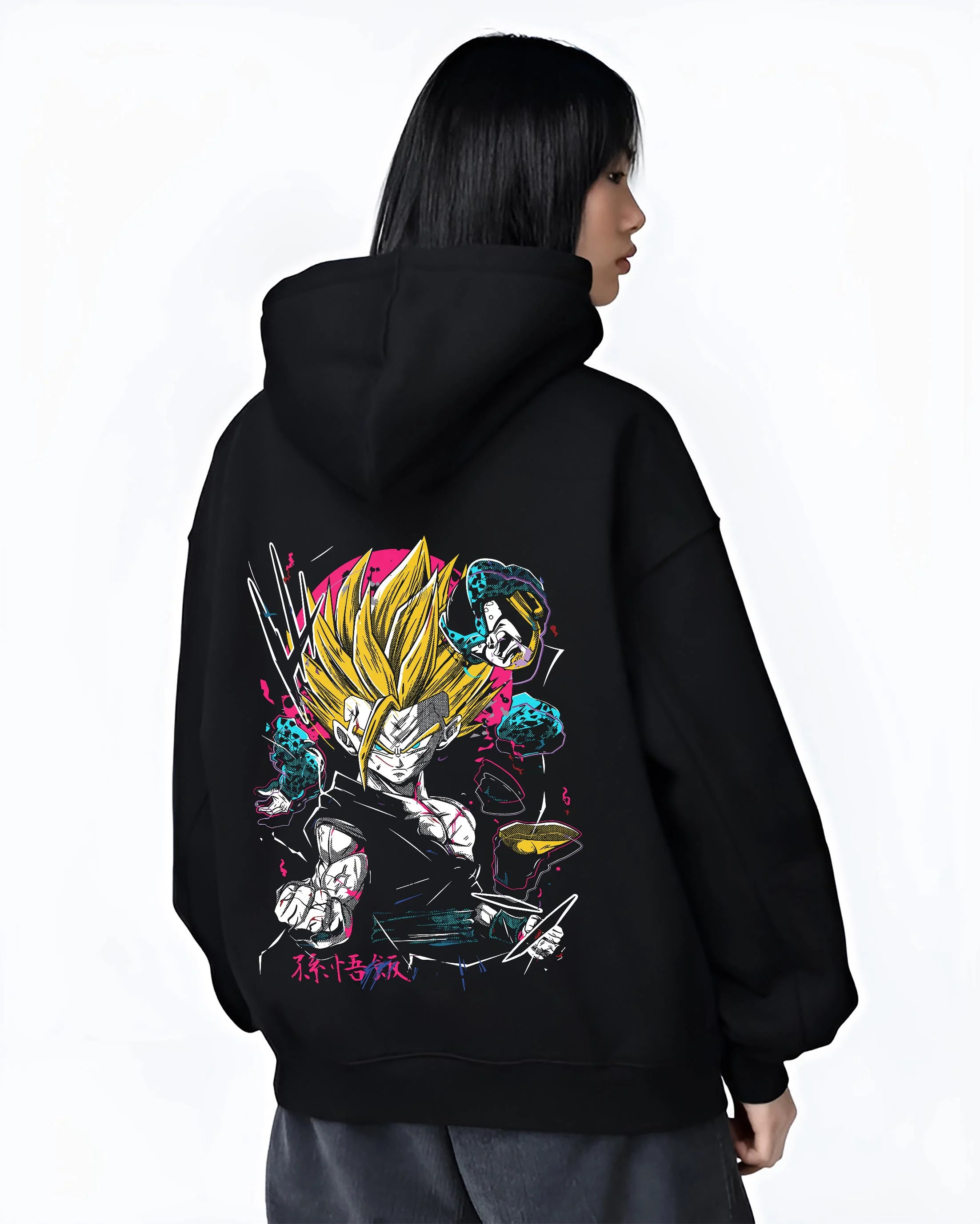 Black hoodie worn by female model, back view with Goku Hoodie Dragon Ball Z Super Saiyan Charge Up graphic Goku themed artwork.