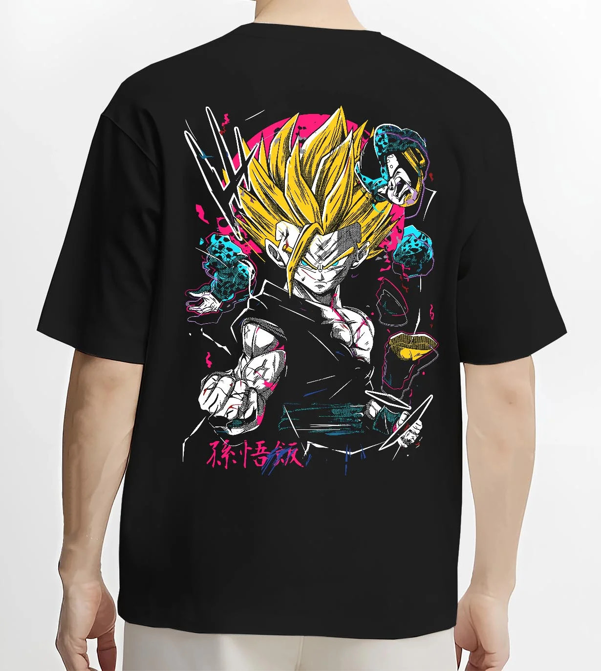 Black T-shirt worn by male model, back view with Goku Hoodie Dragon Ball Z Super Saiyan Charge Up graphic streetwear graphic.