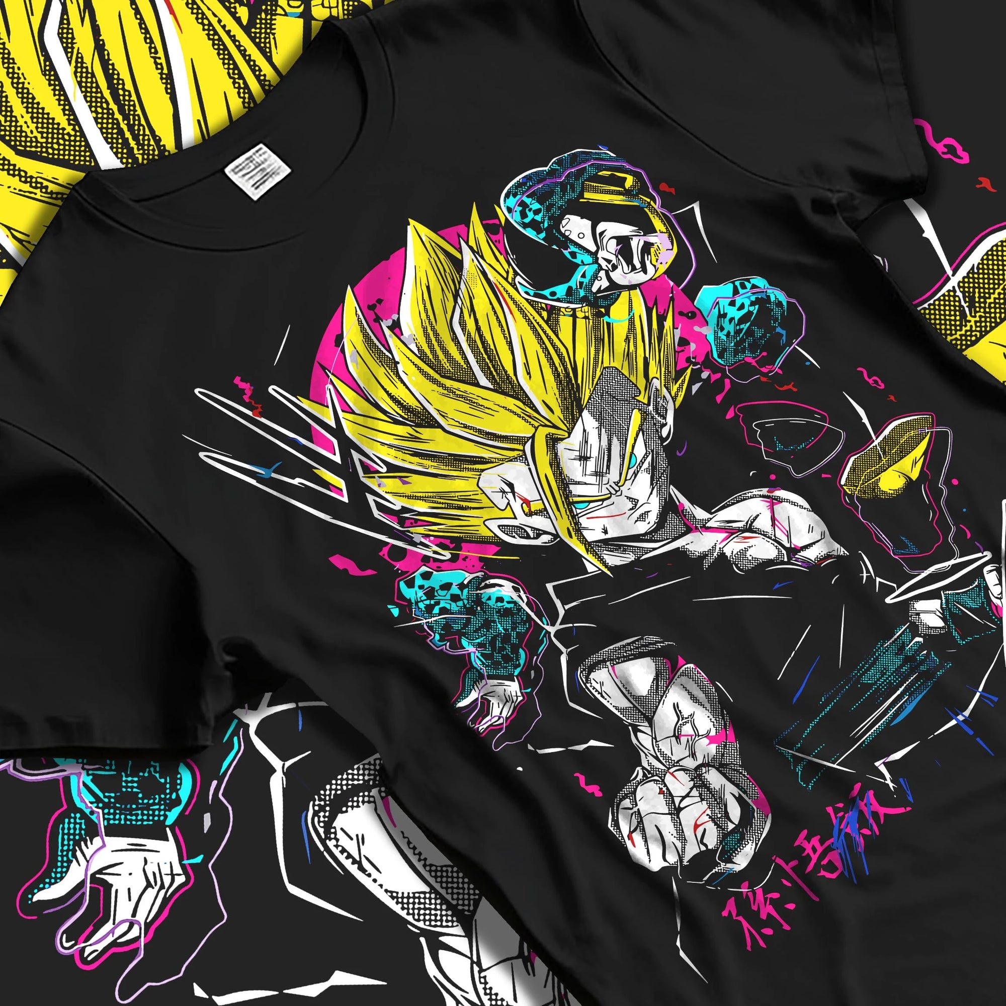 Black T-shirt laid flat with natural folds with Goku Hoodie Dragon Ball Z Super Saiyan Charge Up graphic bold anime graphic.