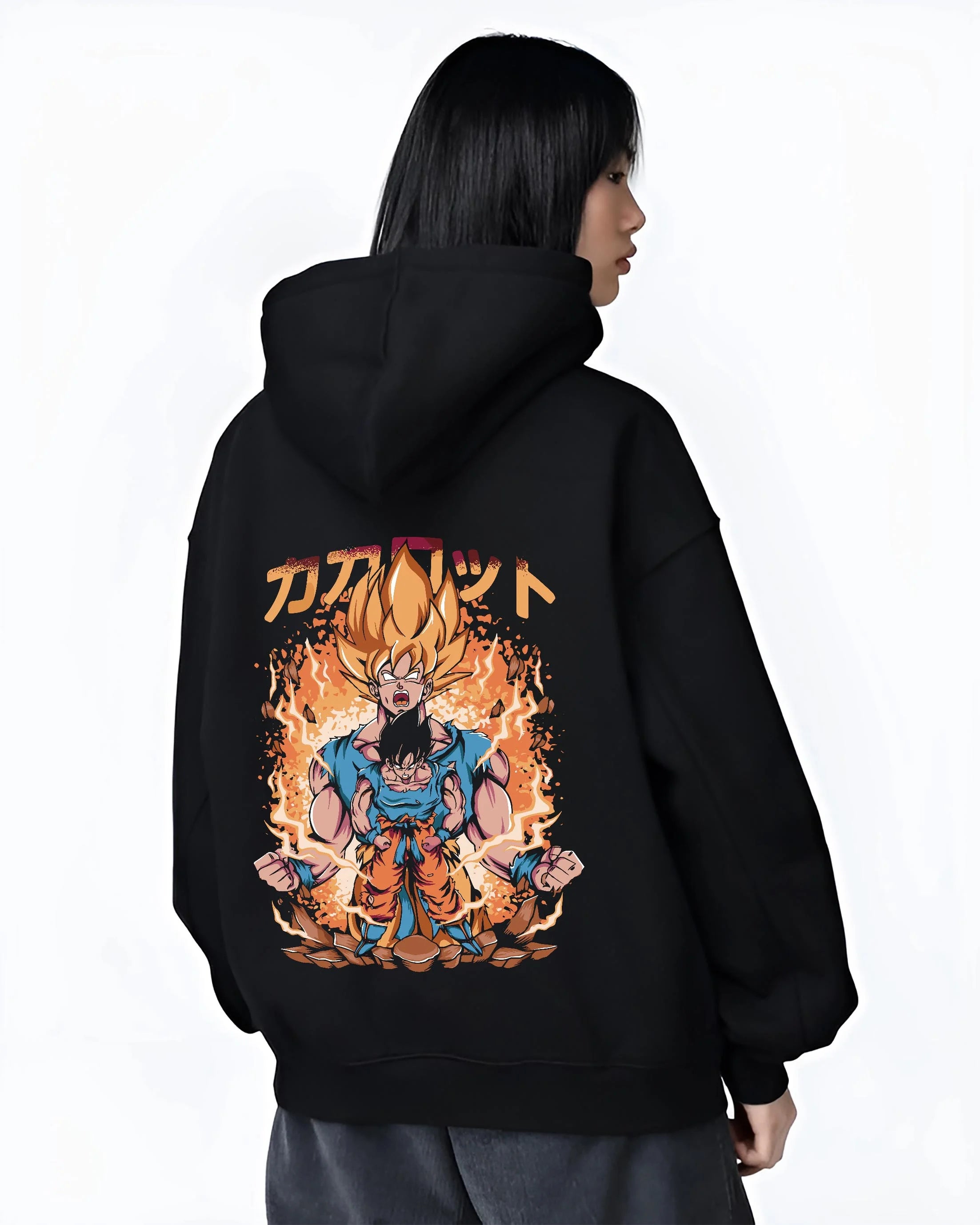 Black hoodie worn by female model, back view with Goku Hoodie Dragon Ball Z Super Saiyan Form Burst graphic streetwear graphic.