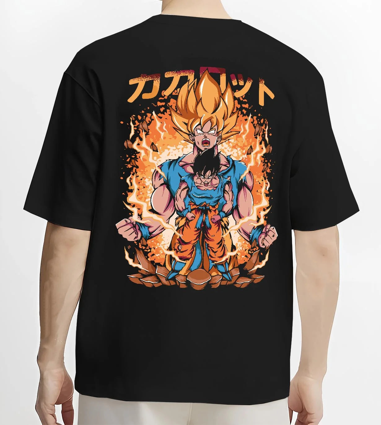 Black T-shirt worn by male model, back view with Goku Hoodie Dragon Ball Z Super Saiyan Form Burst graphic streetwear graphic.