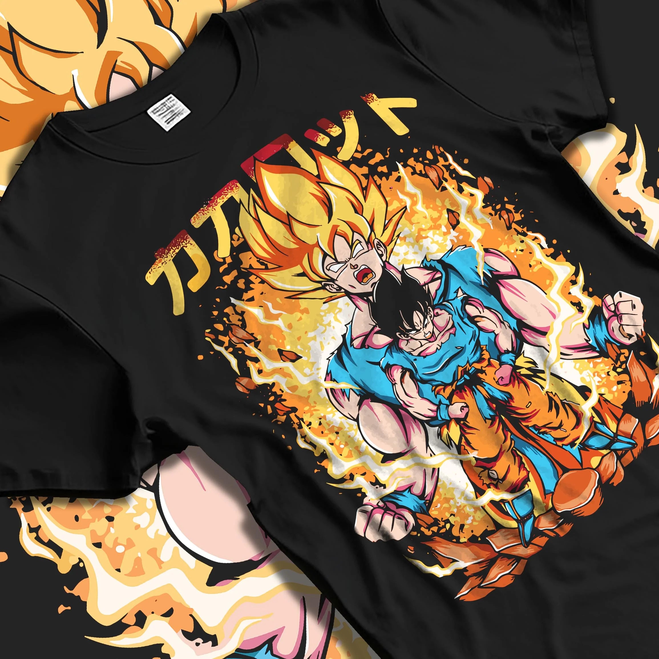 Black T-shirt laid flat with natural folds with Goku Hoodie Dragon Ball Z Super Saiyan Form Burst graphic Goku anime design.