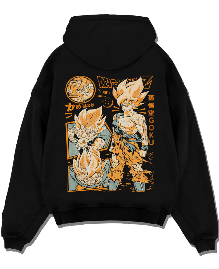 Black pullover hoodie laid flat with Goku Hoodie Dragon Ball Z Super Saiyan Kamehameha graphic bold anime graphic.