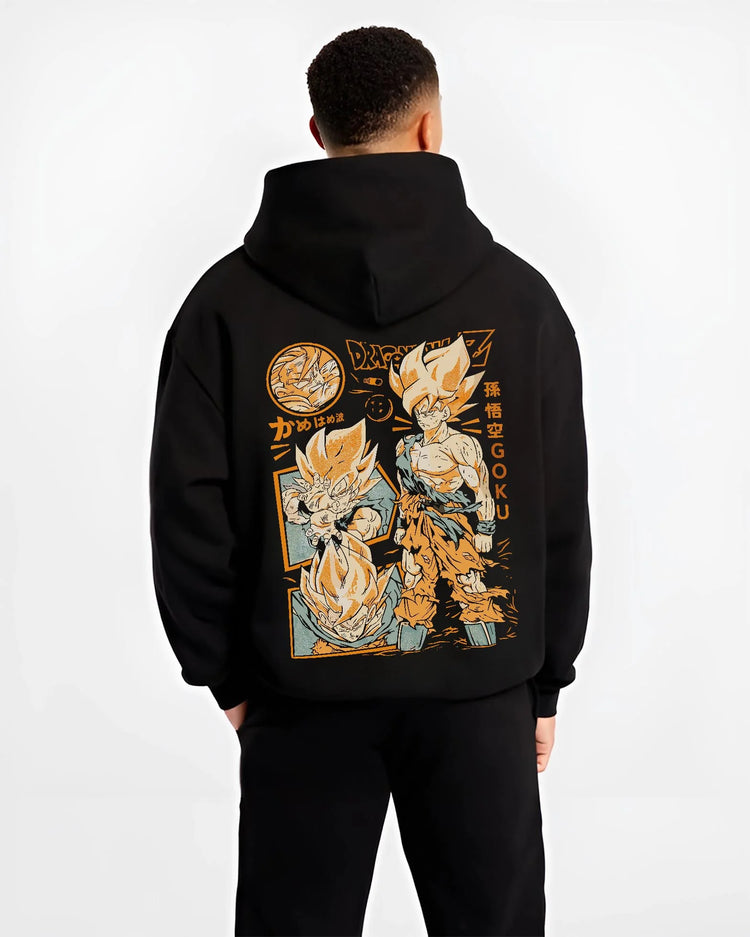 Black hoodie worn by male model, back view with Goku Hoodie Dragon Ball Z Super Saiyan Kamehameha graphic bold anime graphic.