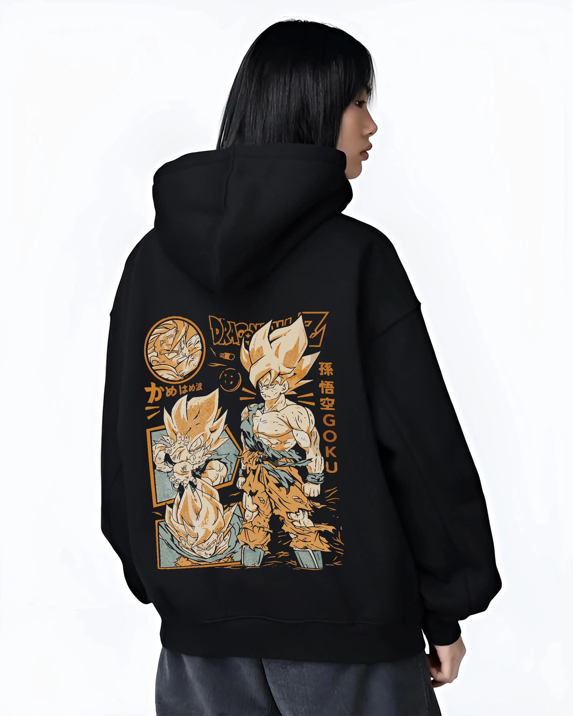 Black hoodie worn by female model, back view with Goku Hoodie Dragon Ball Z Super Saiyan Kamehameha graphic Goku anime design.