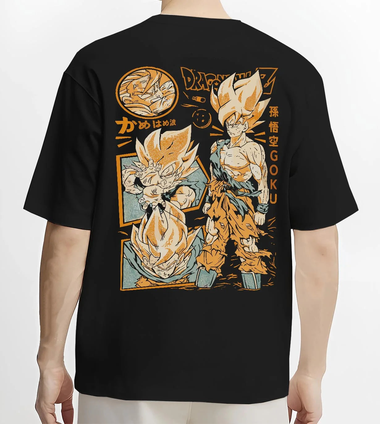 Black T-shirt worn by male model, back view with Goku Hoodie Dragon Ball Z Super Saiyan Kamehameha graphic premium wear.
