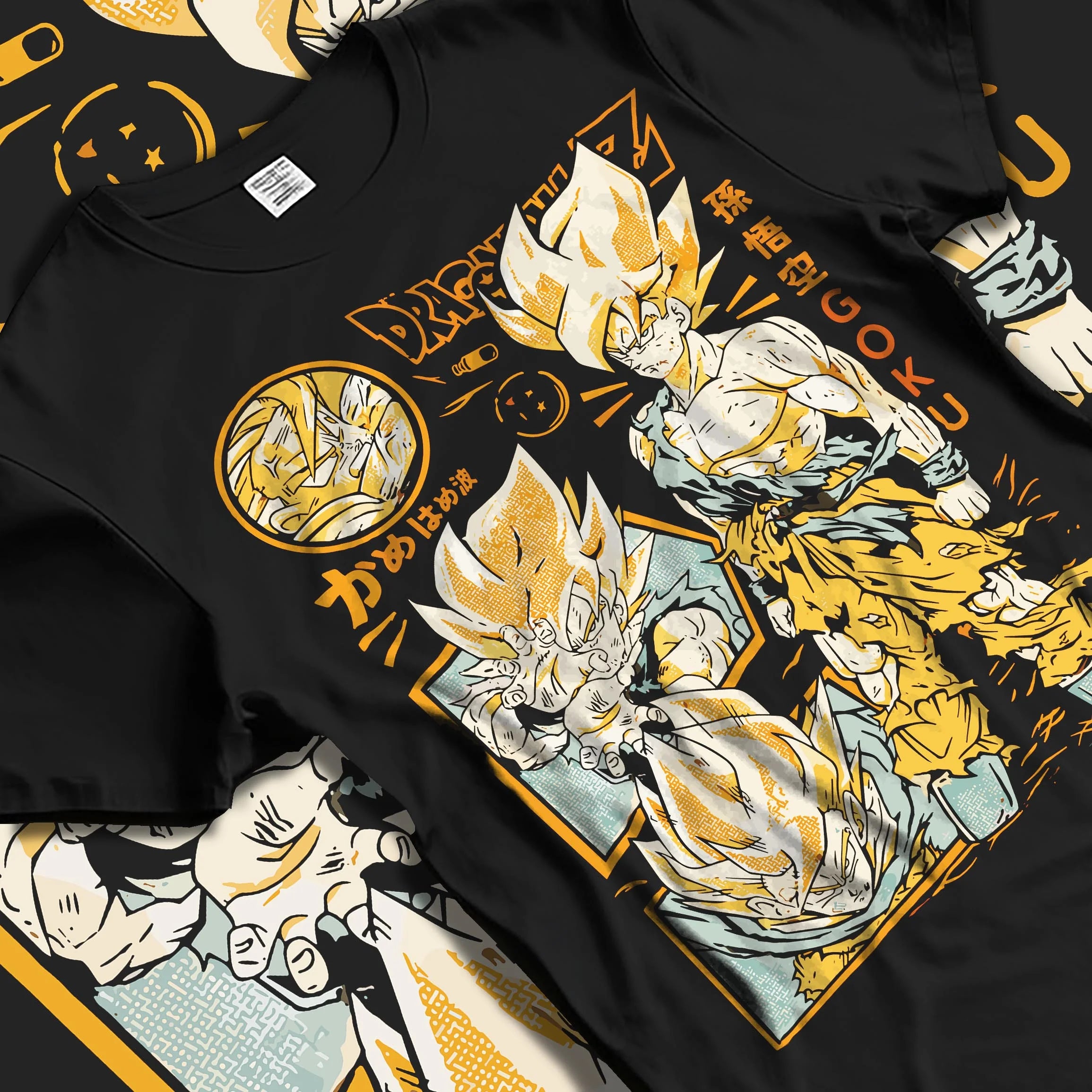Black T-shirt laid flat with natural folds with Goku Hoodie Dragon Ball Z Super Saiyan Kamehameha graphic streetwear graphic.