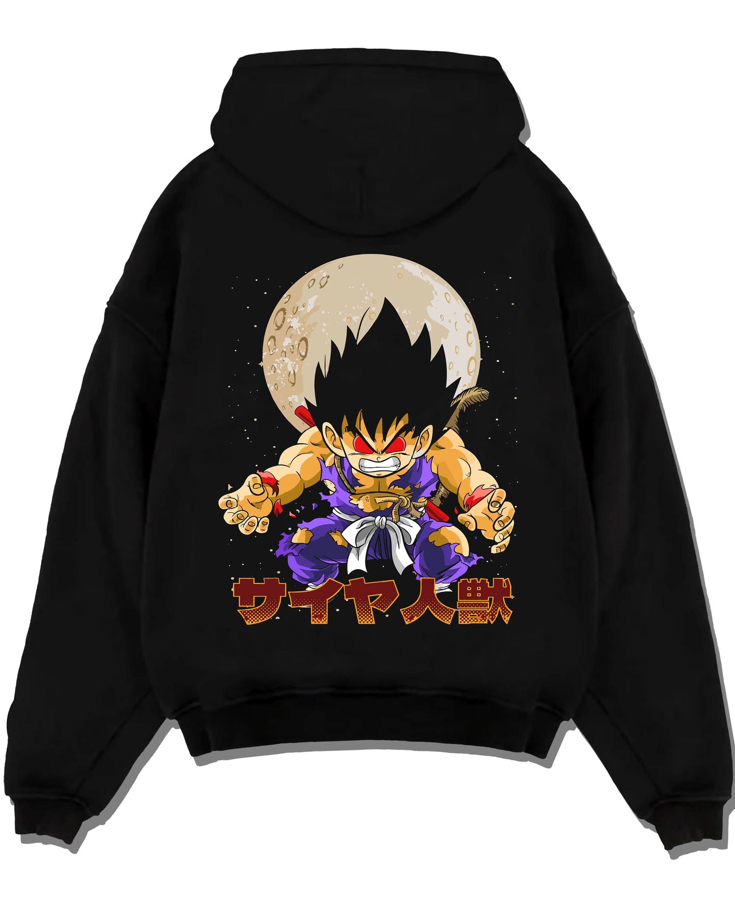 Black pullover hoodie laid flat with Dragon Ball Z Hoodie Kid Goku Oozaru Transformation graphic premium wear.