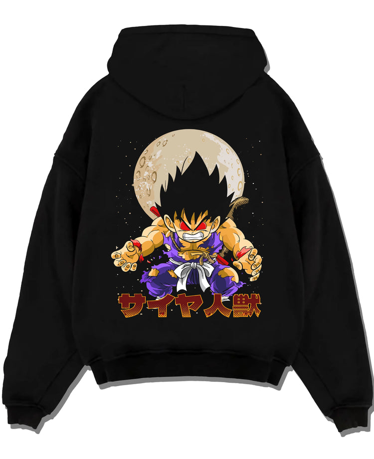 Black pullover hoodie laid flat with Dragon Ball Z Hoodie Kid Goku Oozaru Transformation graphic premium wear.